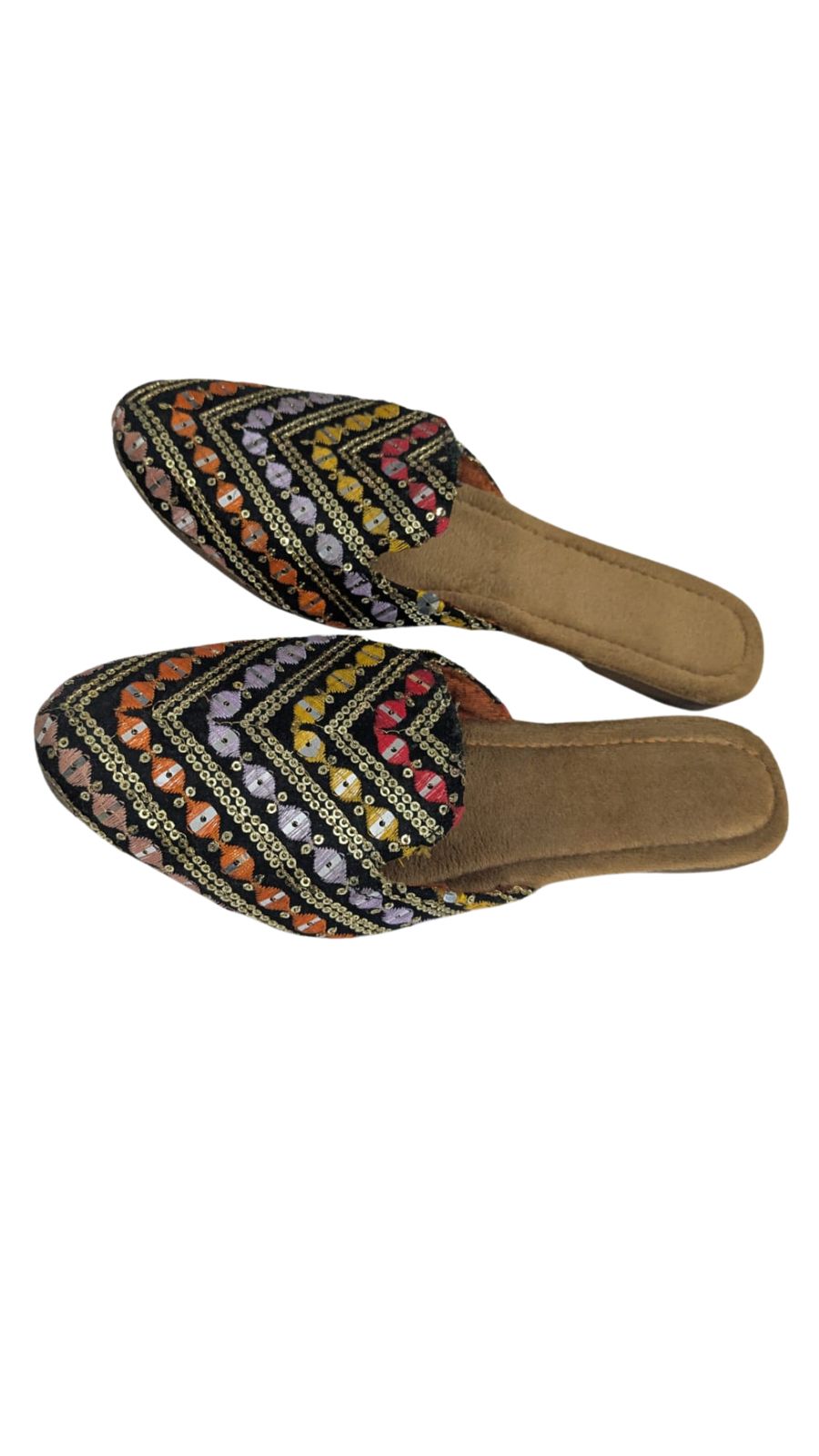 ZS Fashion Women's Embroidered Sequin Mule Slippers – Multi-Colour Chevron Pattern with Tan Sole, Stylish Ethnic & Casual Footwear