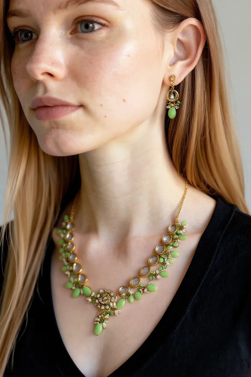 Elegant green diamond nickles necklace with earrings
