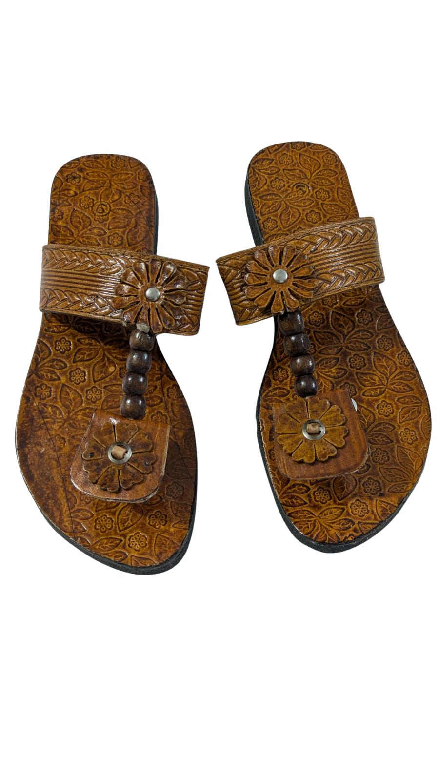ZS Fashion Women's Handcrafted Leather Sandals – Brown with Floral Design, Beaded Strap & Embossed Footbed, Comfortable Ethnic & Casual Wear