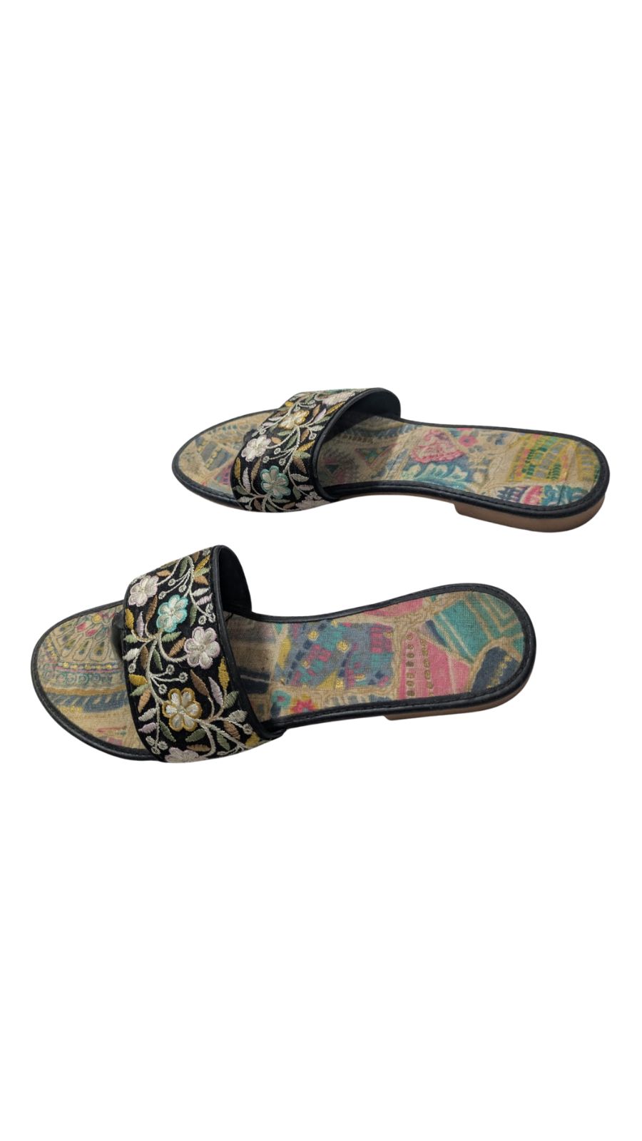 ZS Fashion Women's Floral Embroidered Slides – Black Slip-On Sandals with Vintage Print Insole & Non-Slip Sole, Comfortable Casual Flats