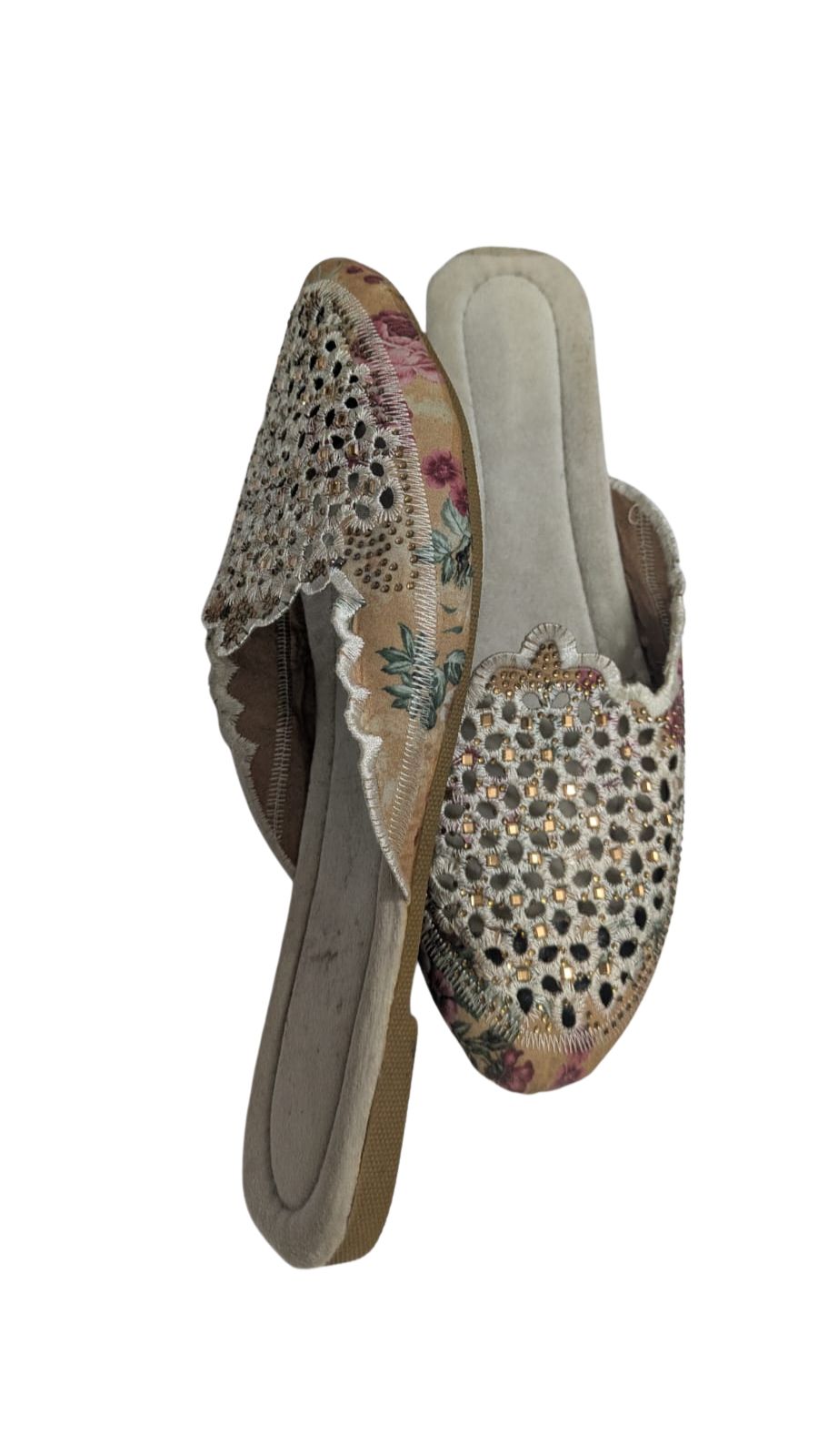 ZS Fashion Women's Embellished Floral Lace Mules – Grey Rhinestone Studded Slip-On Flat Sandals, Stylish Ethnic & Footwear