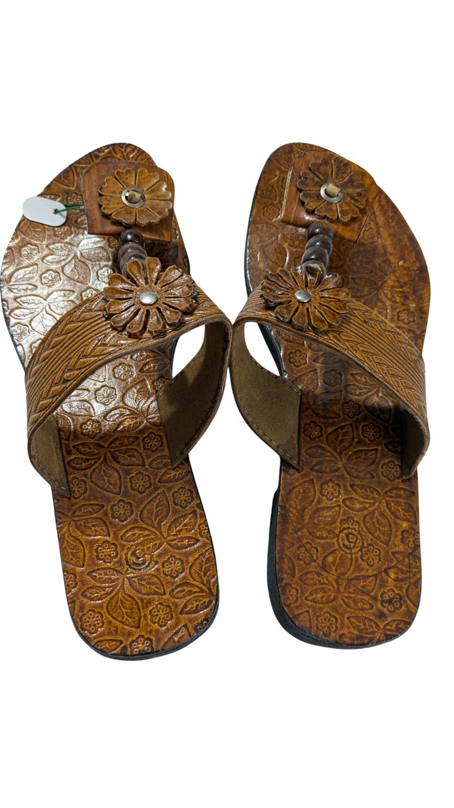 ZS Fashion Women's Handcrafted Leather Sandals – Brown with Floral Design, Beaded Strap & Embossed Footbed, Comfortable Ethnic & Casual Wear