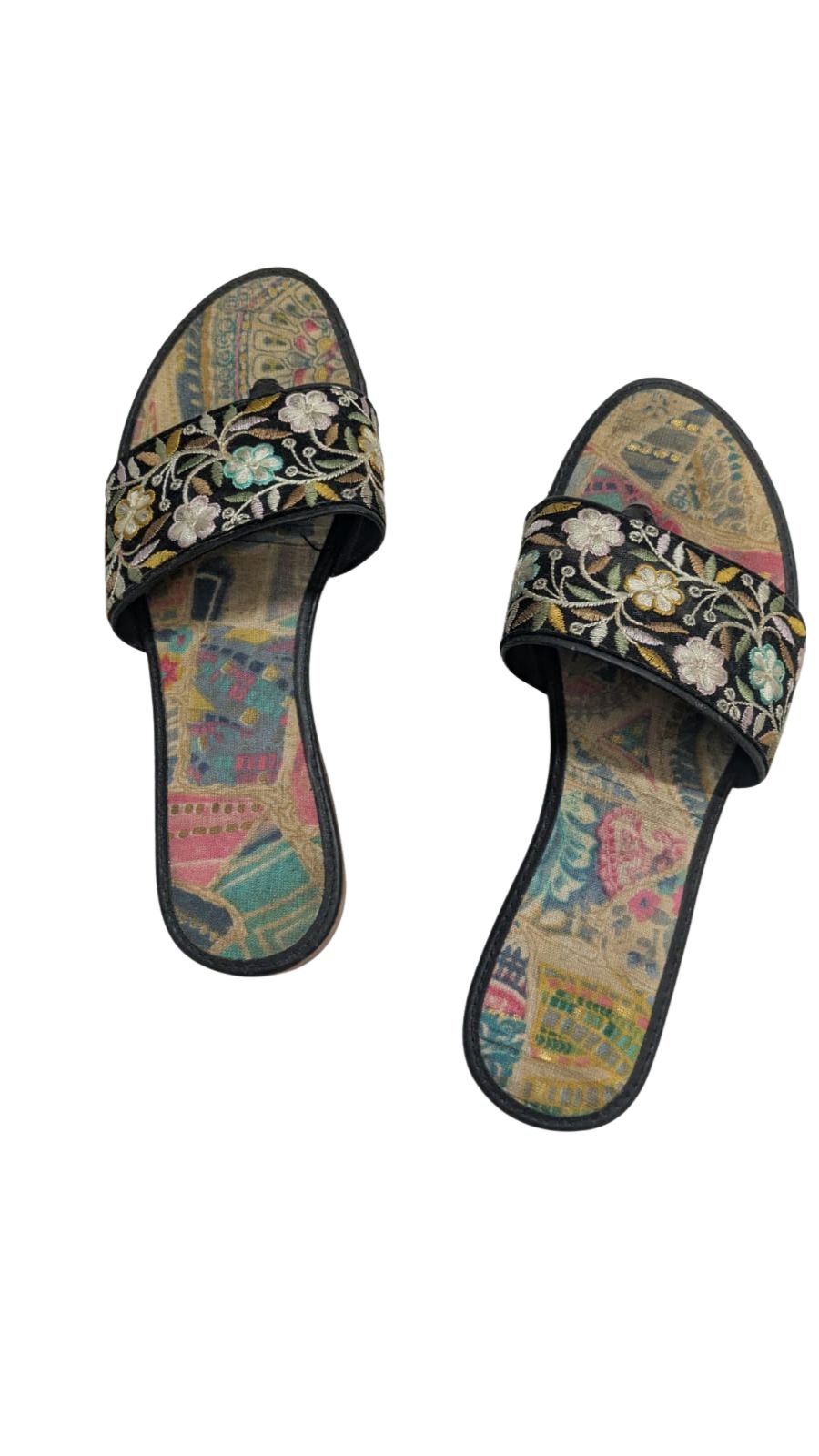 ZS Fashion Women's Floral Embroidered Slides – Black Slip-On Sandals with Vintage Print Insole & Non-Slip Sole, Comfortable Casual Flats