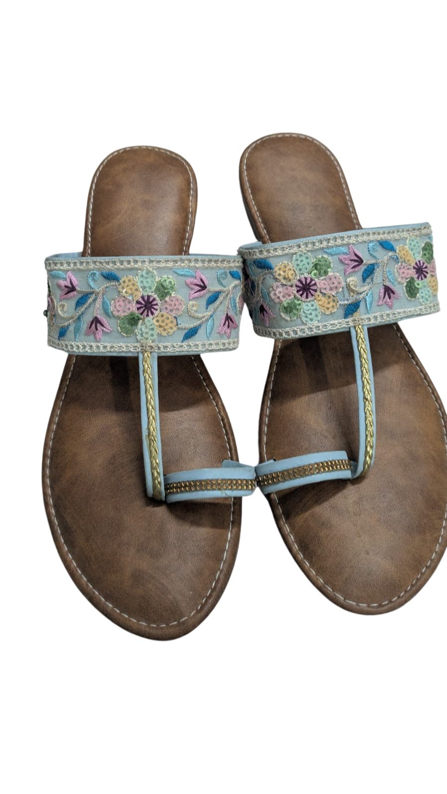 ZS Fashion Women's Floral Embroidered Toe Ring Sandals with Light Blue Strap – Multi-Colour Flower Design, Brown Footbed, Comfortable Ethnic Slip-On Flats