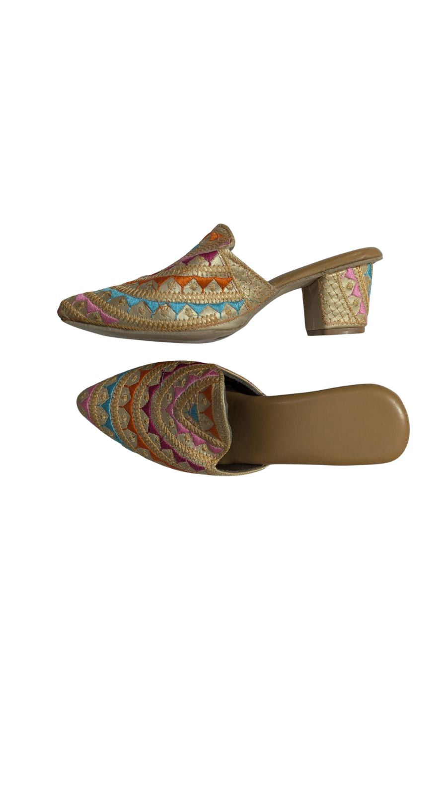 ZS Fashion Women’s Embroidered Pointed Toe Mules with Block Heel | Multicolour Geometric Pattern Slip-On Shoes, Gold Base