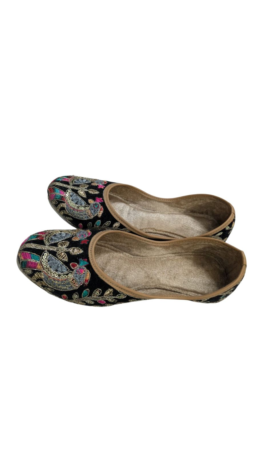 ZS Fashion Women's Embroidered Ballet Flats, Black with Multicolour Floral Design, Tan Trim