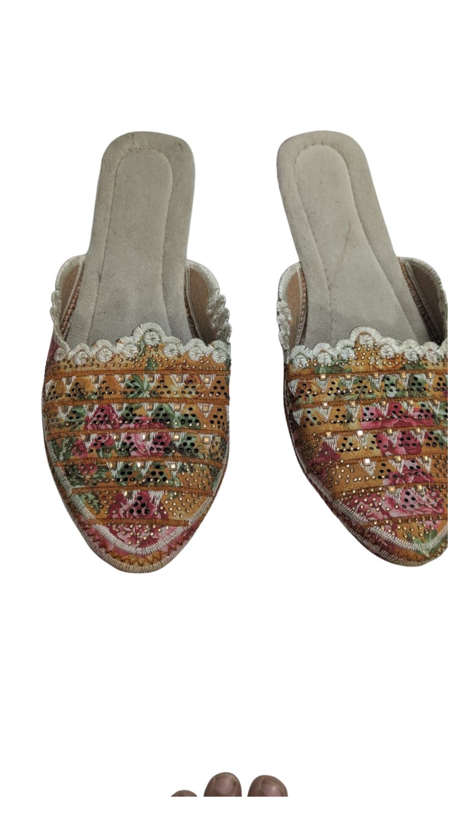 ZS Fashion Women's Floral Embroidered Mules – Pointed Toe Slip-On Flats with Lace Trim, Pink & Green Ethnic Footwear