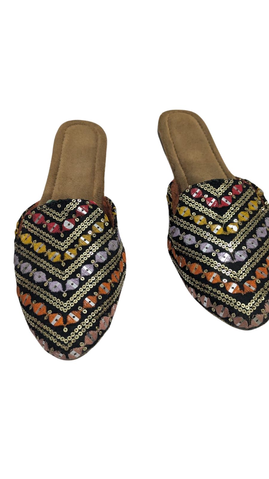 ZS Fashion Women's Embroidered Sequin Mule Slippers – Multi-Colour Chevron Pattern with Tan Sole, Stylish Ethnic & Casual Footwear