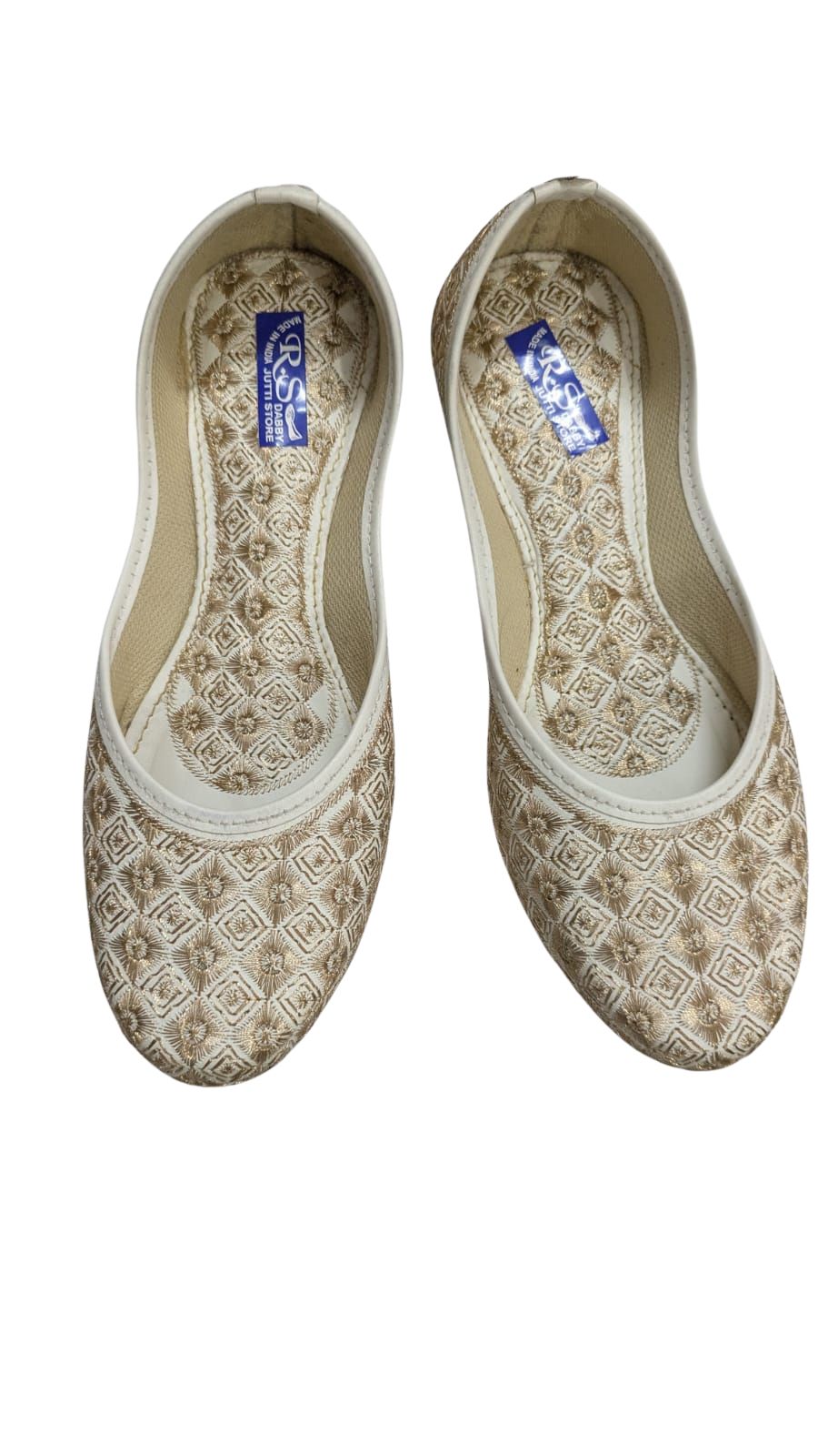 ZS Fashion Women's Traditional Embroidered Ballet Flats, Diamond Pattern, Cream and Gold, Slip-On Style