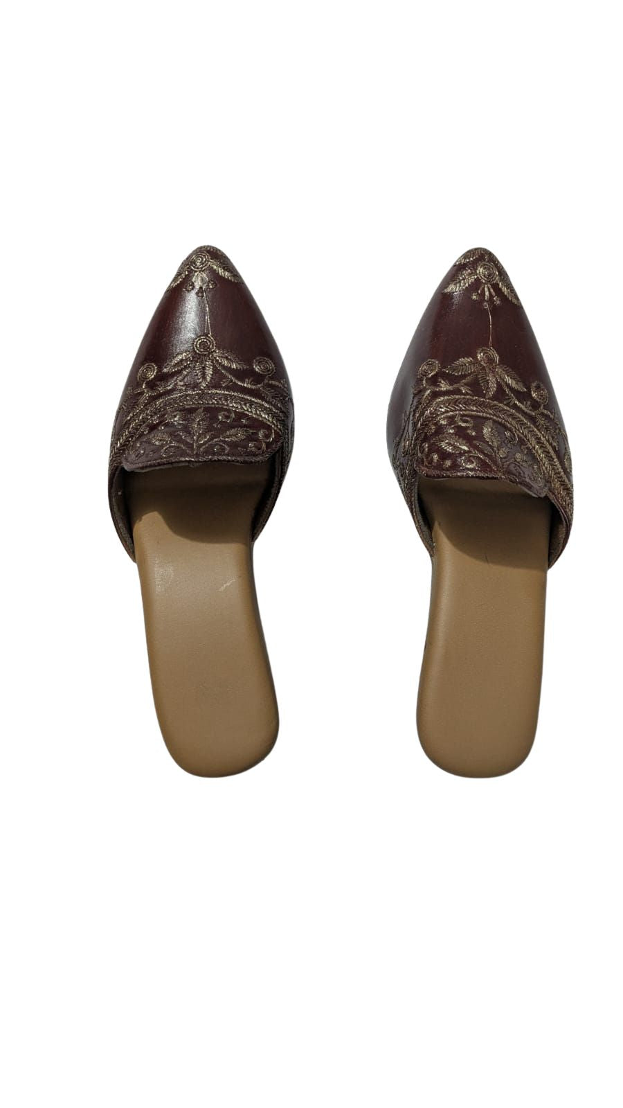 ZS Fashion Women's Handcrafted Ethnic Mules | Maroon Embroidered Slip-On Jutti with Golden Thread Work | Traditional Festive & Wedding Footwear