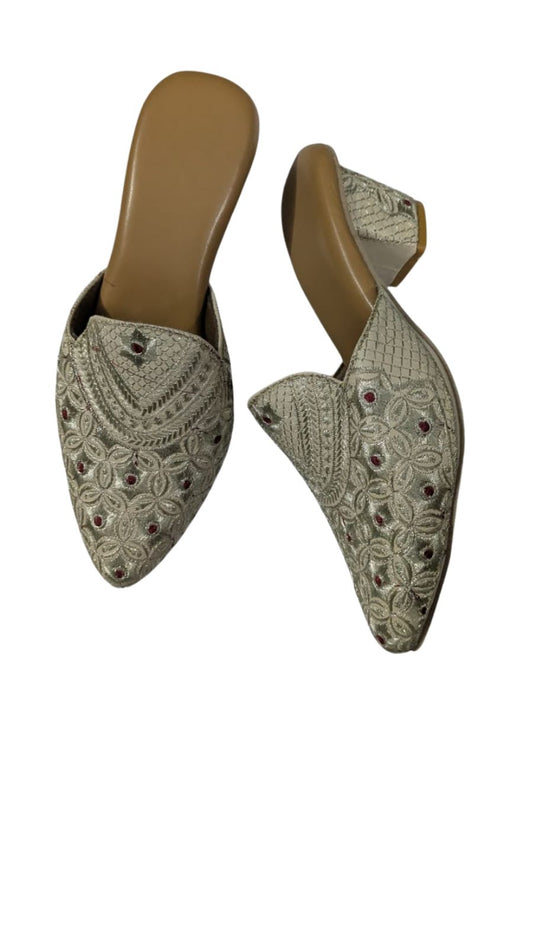 Handcrafted Women's Ethnic Embroidered Mules | Golden Slip-On Jutti with Red Thread Detailing | Traditional Festive