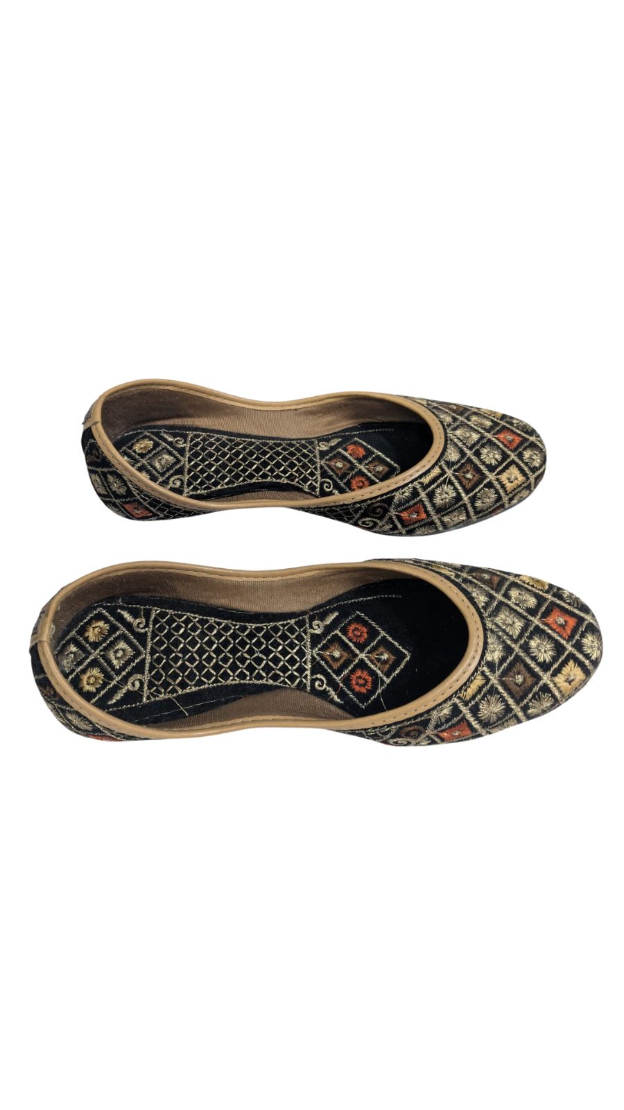 ZS Fashion Women's Traditional Embroidered Ballet Flats – Black & Gold Diamond Pattern with Coral Accents, Non-Slip Sole Ethnic Juttis