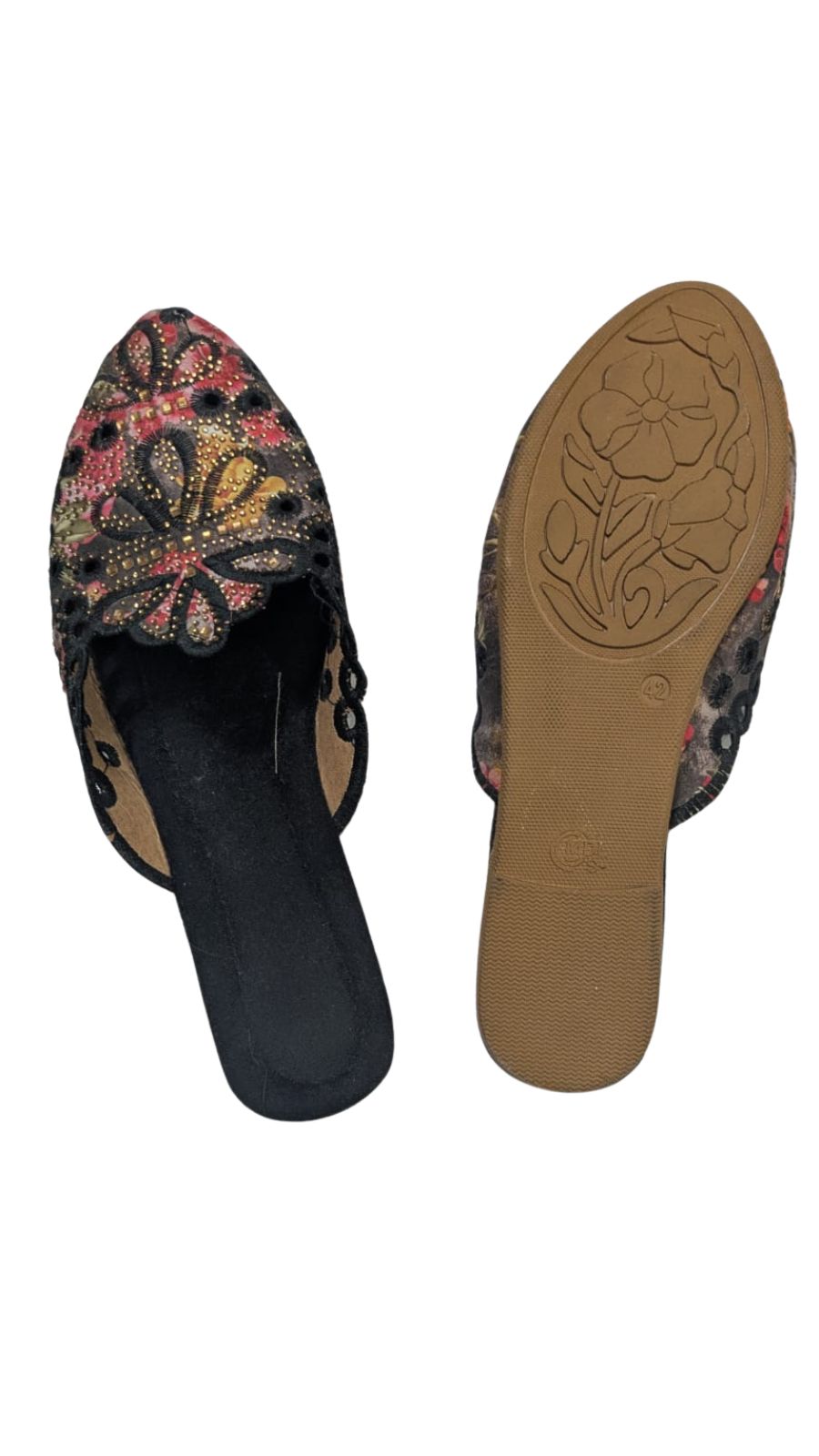 ZS Fashion Women's Floral Print Slip-On Mules – Black with Pink & Gold Pattern, Cutout Design, Comfortable Casual Footwear
