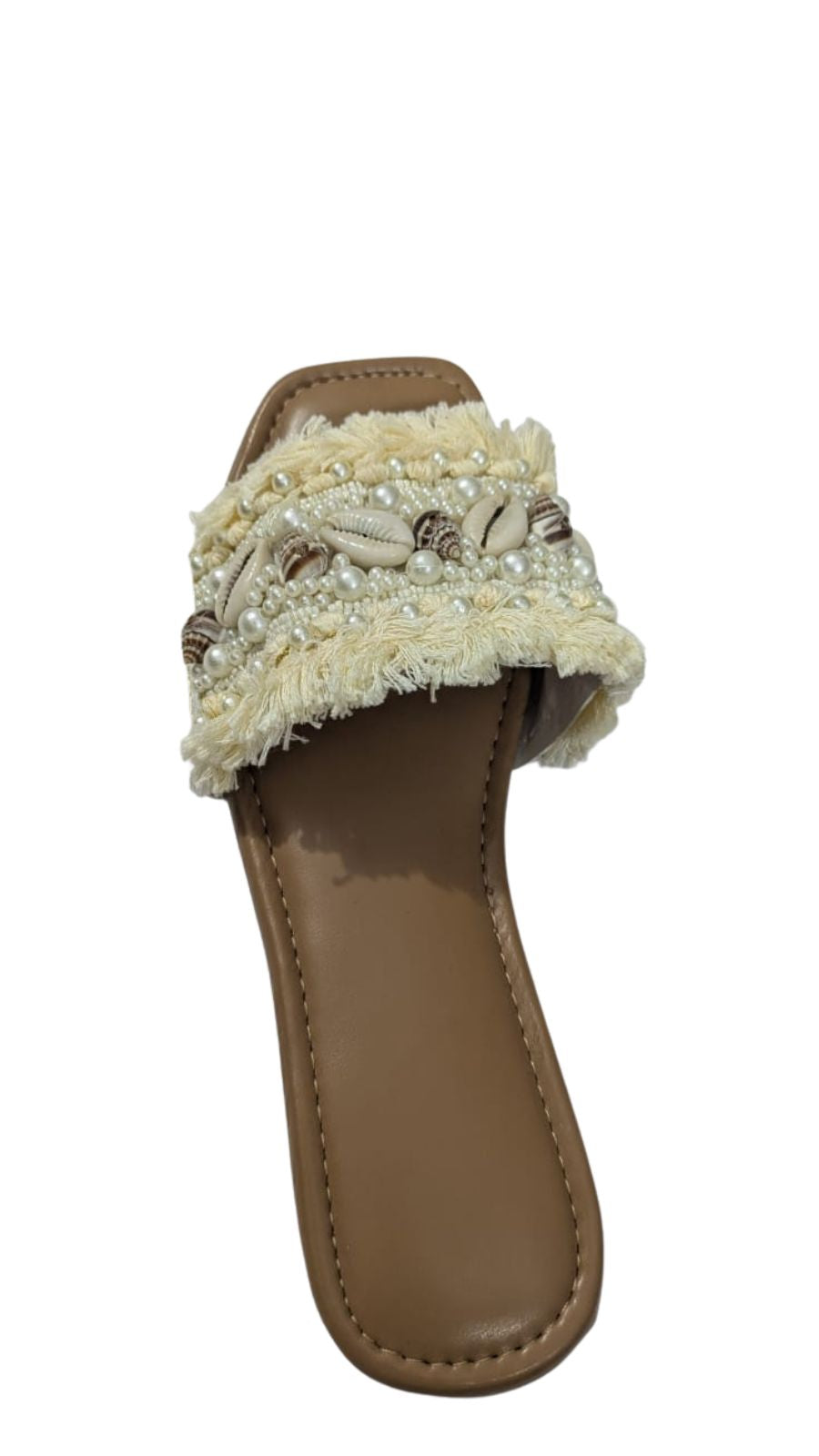 ZS Fashion Women’s Beach Slides | Bohemian Style Slip-On Flats with Pearl & Shell Embellishments, Fringe Detailing, Comfortable Tan Sole
