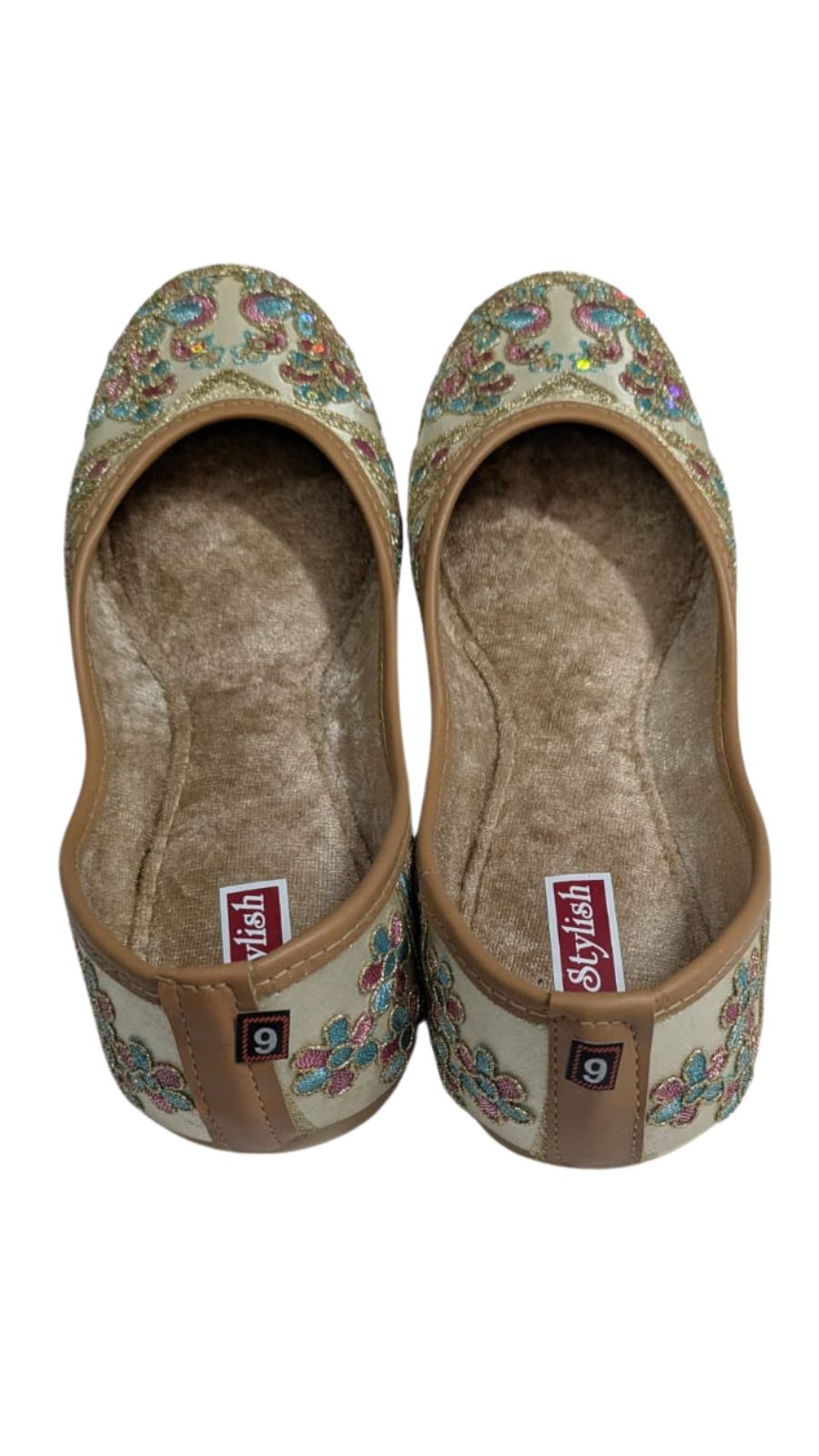 Top View of ZS Fashion Stylish Women's Embroidered Ballet Flats, Cream Base with Blue and Pink Sequin Work