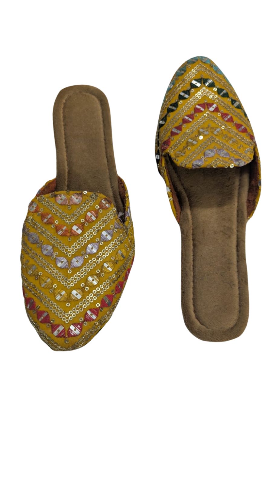 ZS Fashion Women's Traditional Embroidered Slip-On Sandals – Yellow Handcrafted Ethnic Footwear with Mirror Work & Sequin Detailing