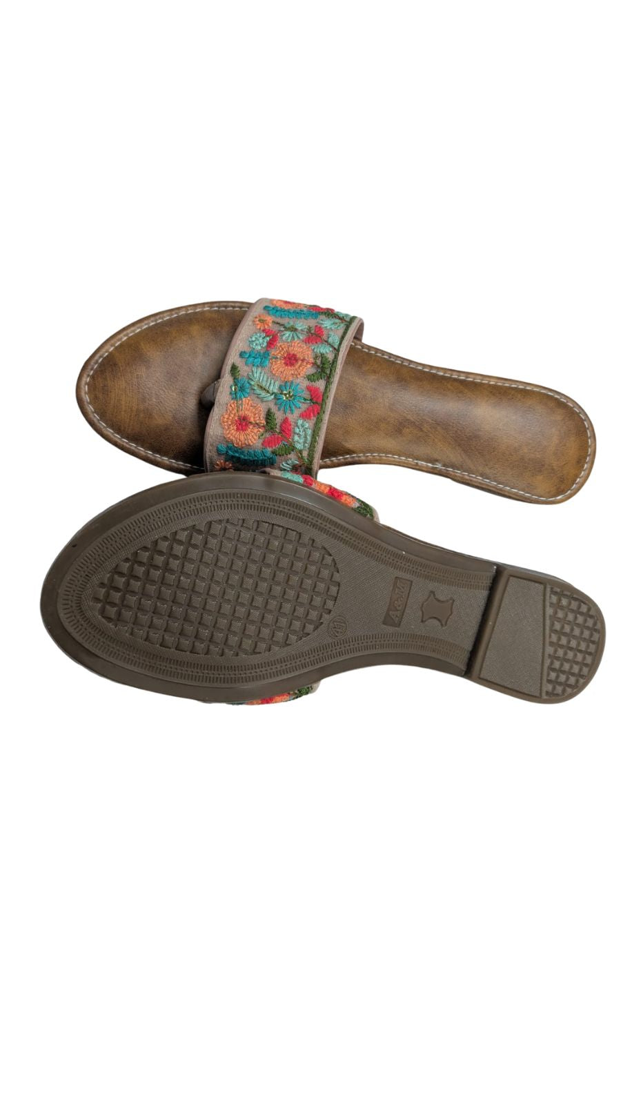 ZS Fashion Women's Floral Embroidered Slide Sandals – Brown Leather Footbed with Multicolour Floral Pattern, Comfortable Casual Flats