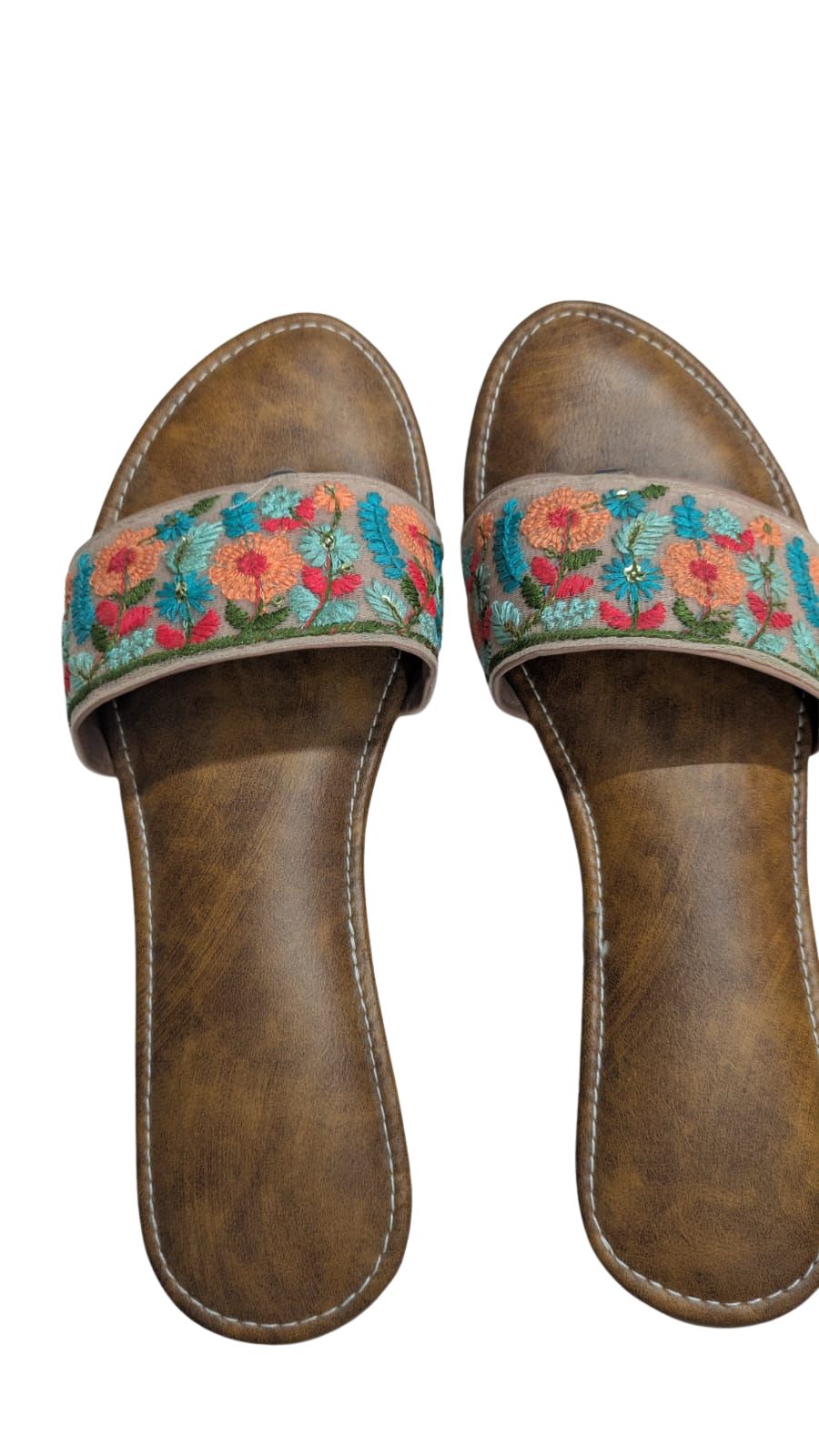 ZS Fashion Women's Floral Embroidered Slide Sandals – Brown Leather Footbed with Multicolour Floral Pattern, Comfortable Casual Flats