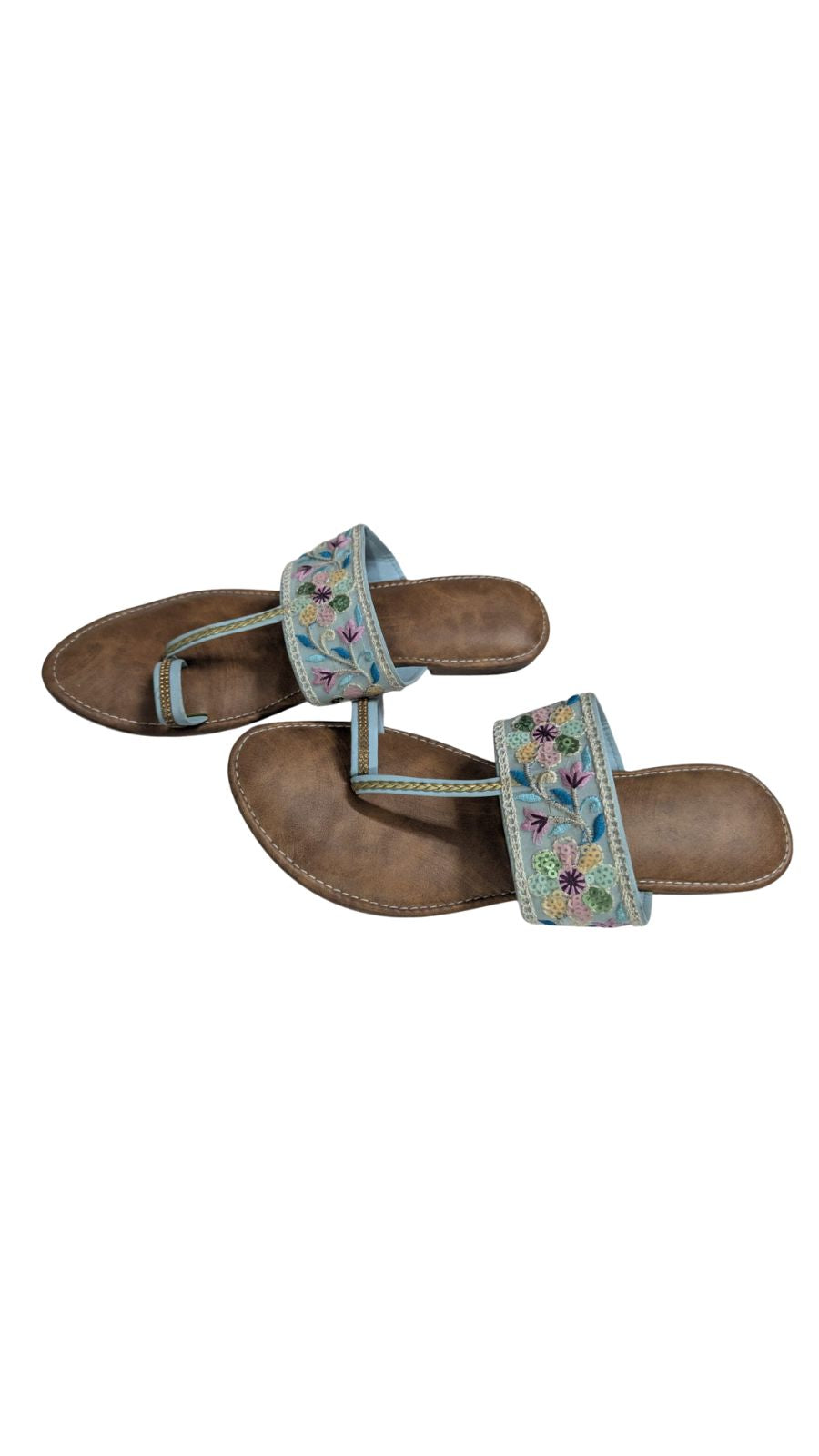 ZS Fashion Women's Floral Embroidered Toe Ring Sandals with Light Blue Strap – Multi-Colour Flower Design, Brown Footbed, Comfortable Ethnic Slip-On Flats