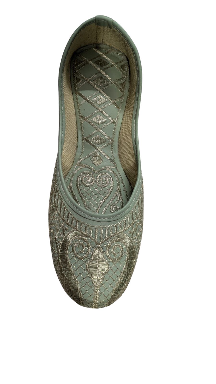 ZS Fashion Women’s Traditional Ethnic Jutti – Handcrafted Embroidered Mojari Flats in Pastel Green & Gold