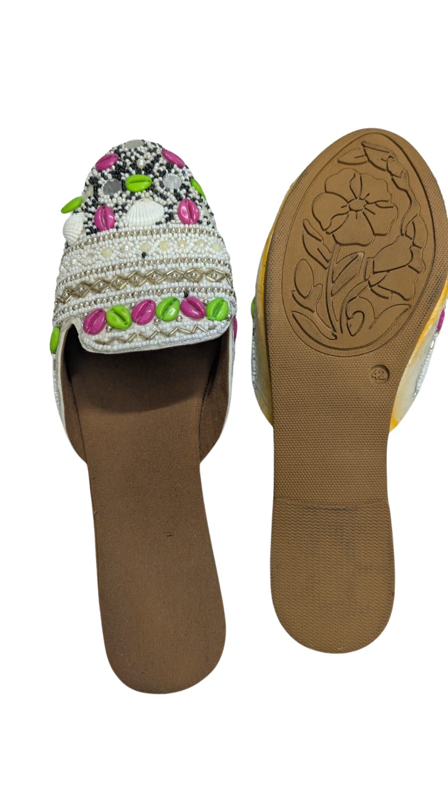 ZS Fashion Women’s Handcrafted Ethnic Jutti/Slip-On Flats with Beads & Shell Embroidery – Multicolor Casual