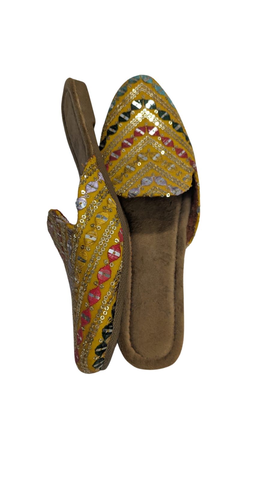 ZS Fashion Women's Traditional Embroidered Slip-On Sandals – Yellow Handcrafted Ethnic Footwear with Mirror Work & Sequin Detailing