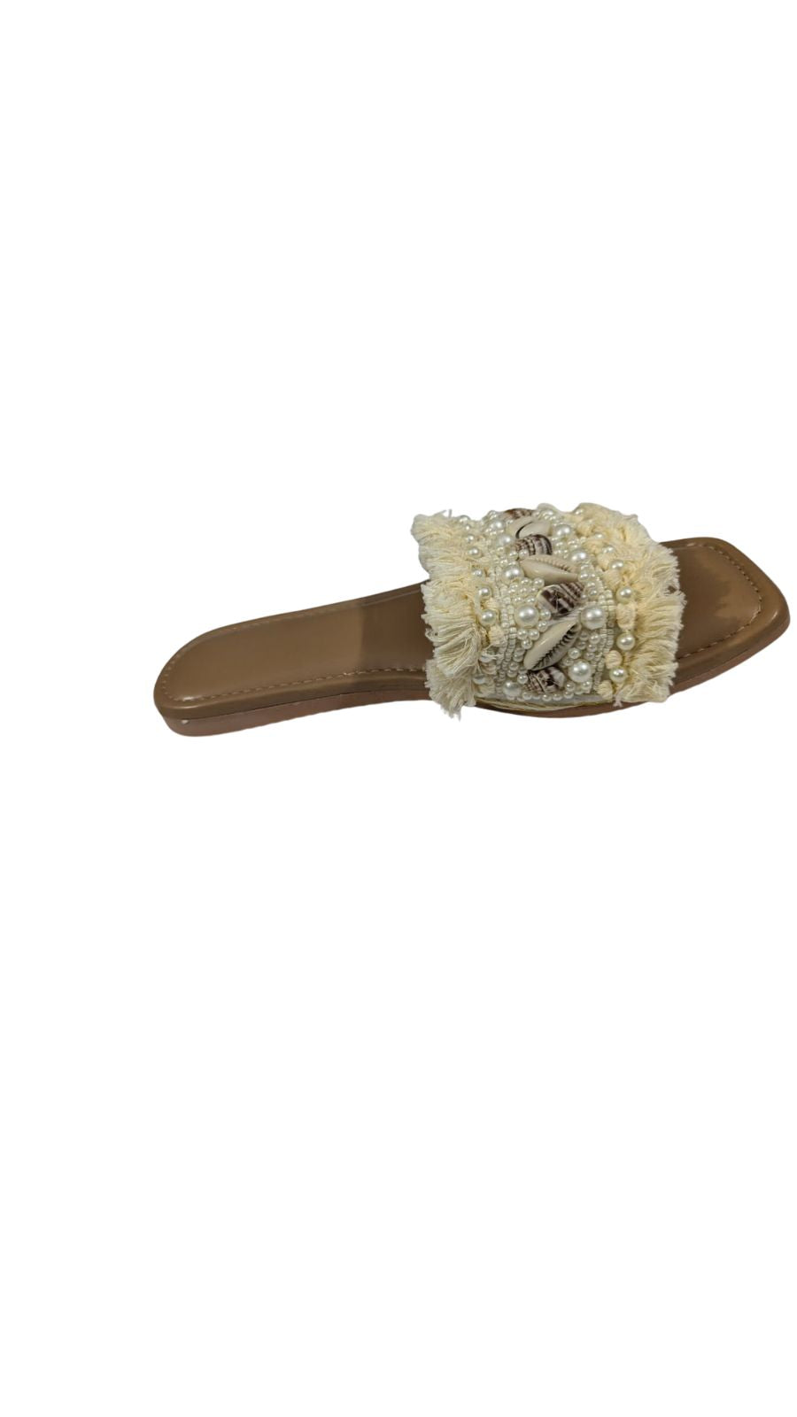 ZS Fashion Women’s Beach Slides | Bohemian Style Slip-On Flats with Pearl & Shell Embellishments, Fringe Detailing, Comfortable Tan Sole