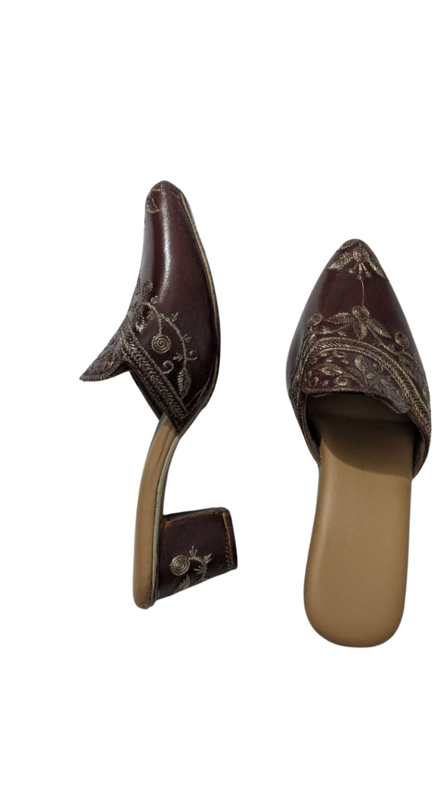 ZS Fashion Women's Handcrafted Ethnic Mules | Maroon Embroidered Slip-On Jutti with Golden Thread Work | Traditional Festive & Wedding Footwear