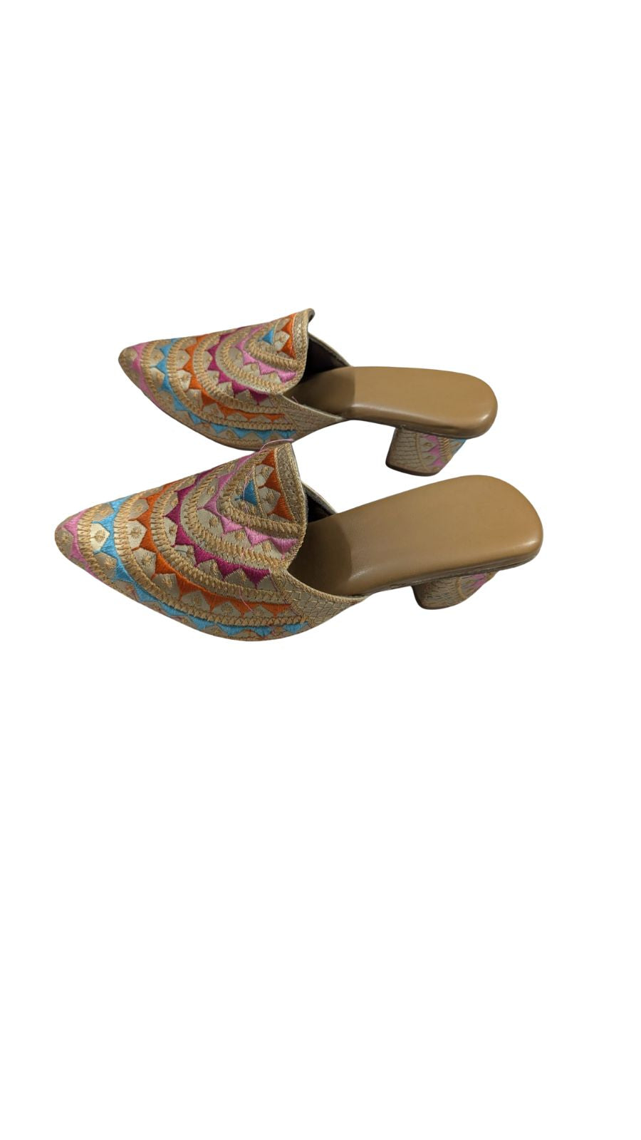 ZS Fashion Women’s Embroidered Pointed Toe Mules with Block Heel | Multicolour Geometric Pattern Slip-On Shoes, Gold Base