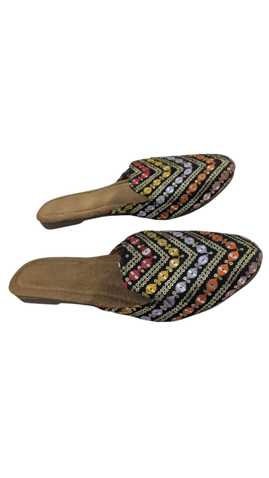 ZS Fashion Women's Embroidered Sequin Mule Slippers – Multi-Colour Chevron Pattern with Tan Sole, Stylish Ethnic & Casual Footwear