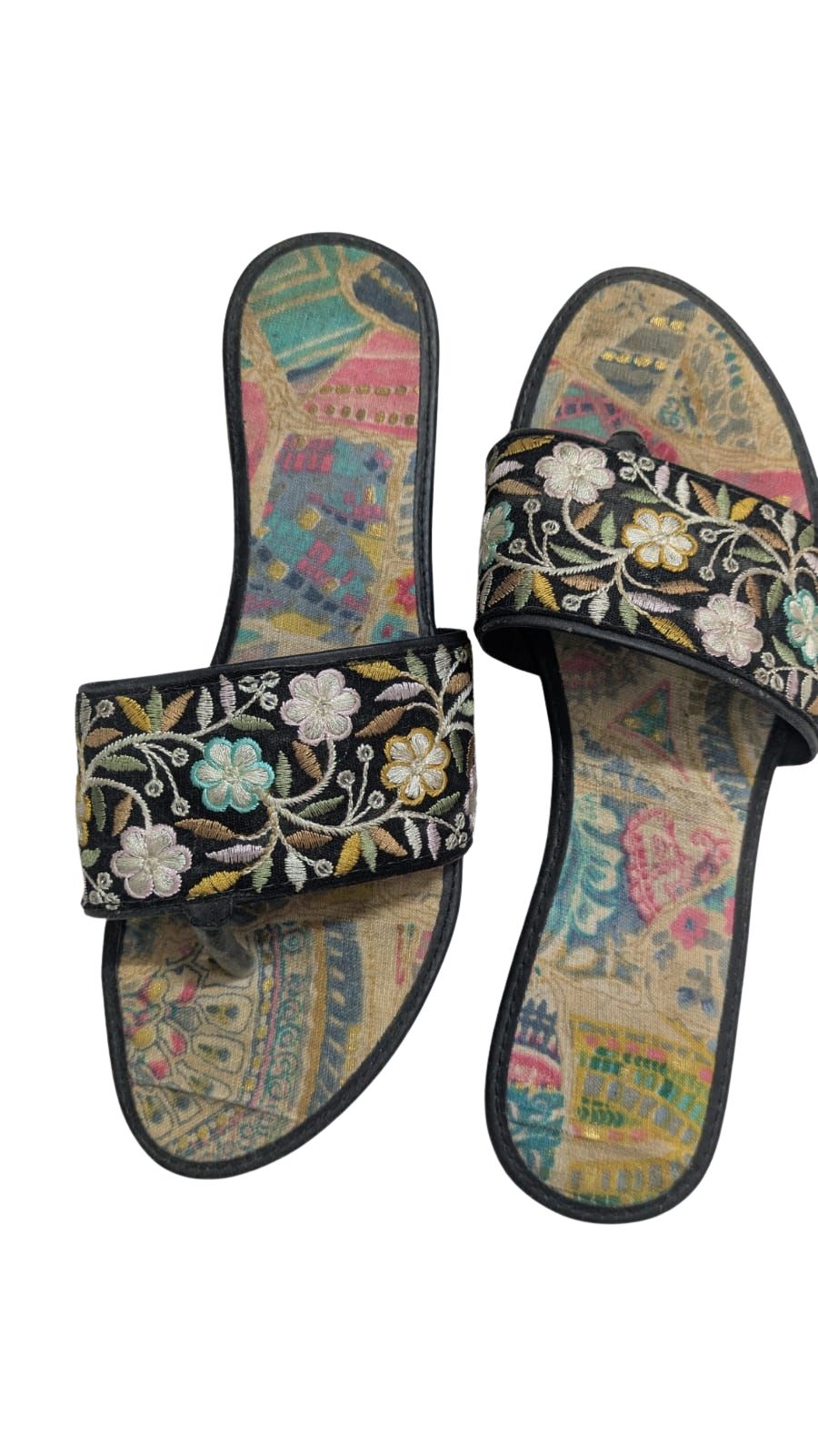 ZS Fashion Women's Floral Embroidered Slides – Black Slip-On Sandals with Vintage Print Insole & Non-Slip Sole, Comfortable Casual Flats