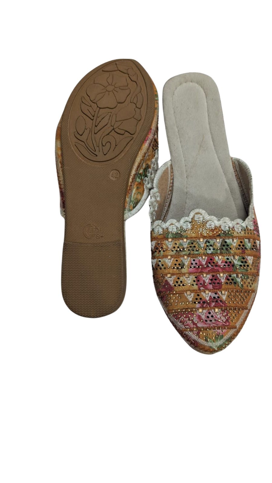 ZS Fashion Women's Floral Embroidered Mules – Pointed Toe Slip-On Flats with Lace Trim, Pink & Green Ethnic Footwear