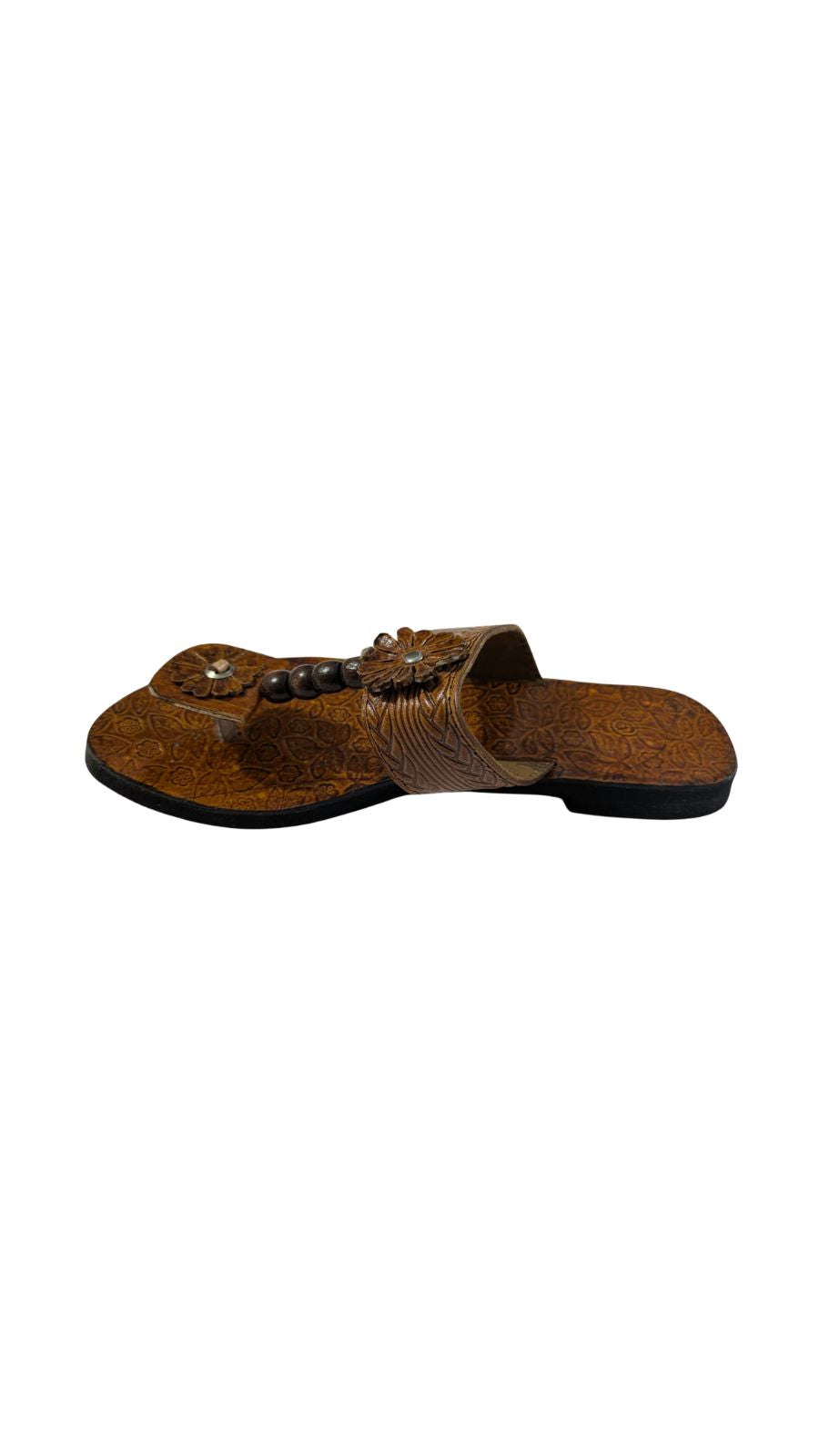 ZS Fashion Women's Handcrafted Leather Sandals – Brown with Floral Design, Beaded Strap & Embossed Footbed, Comfortable Ethnic & Casual Wear