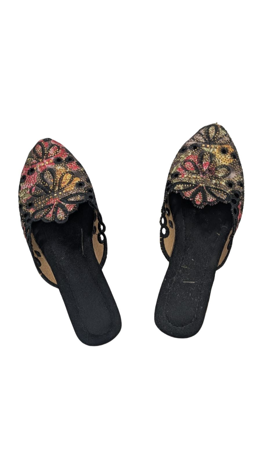 ZS Fashion Women's Floral Print Slip-On Mules – Black with Pink & Gold Pattern, Cutout Design, Comfortable Casual Footwear