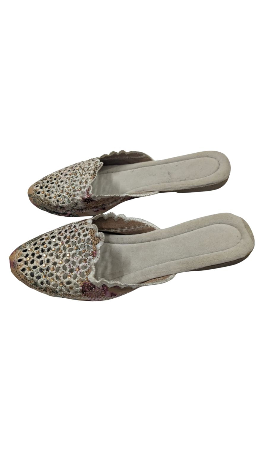 ZS Fashion Women's Embellished Floral Lace Mules – Grey Rhinestone Studded Slip-On Flat Sandals, Stylish Ethnic & Footwear