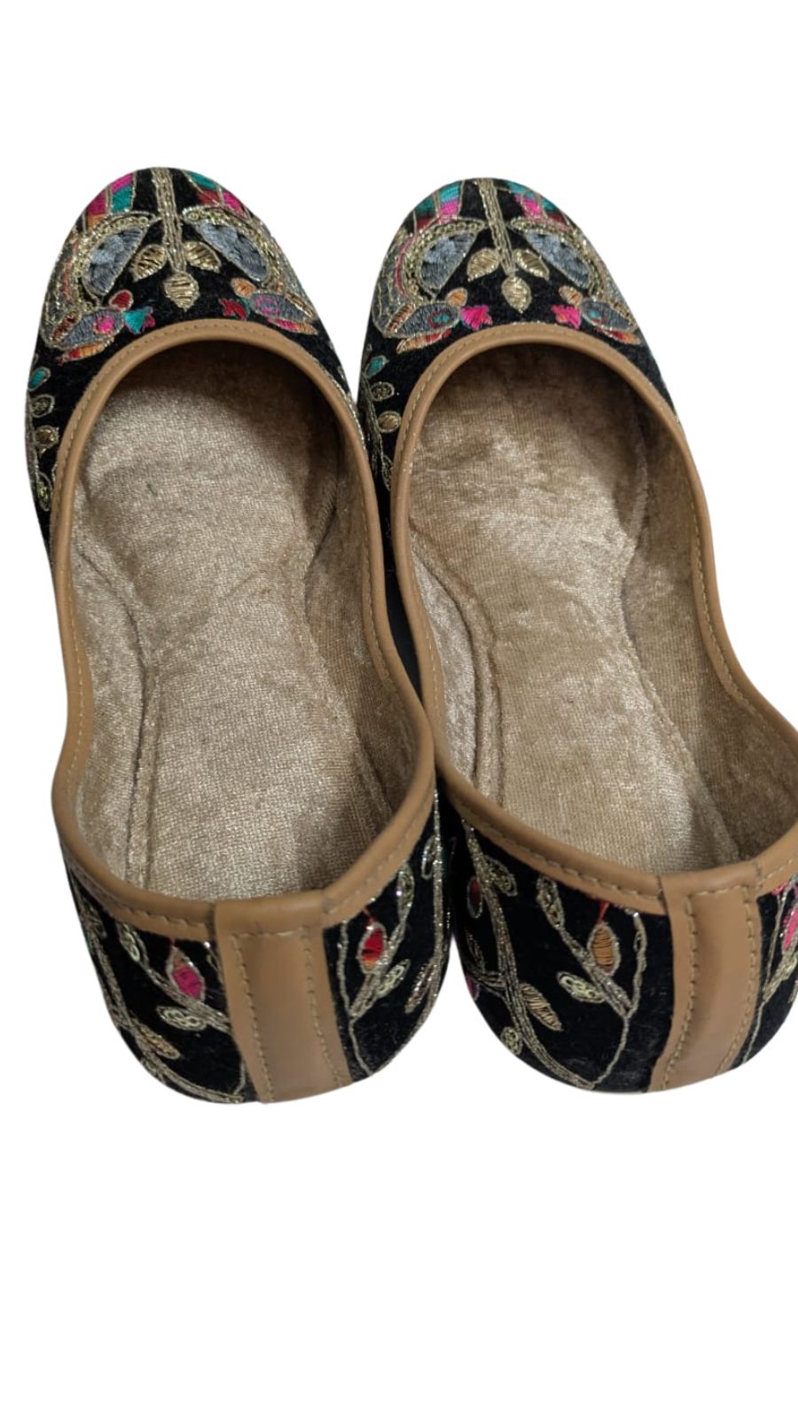 ZS Fashion Women's Embroidered Ballet Flats, Black with Multicolour Floral Design, Tan Trim
