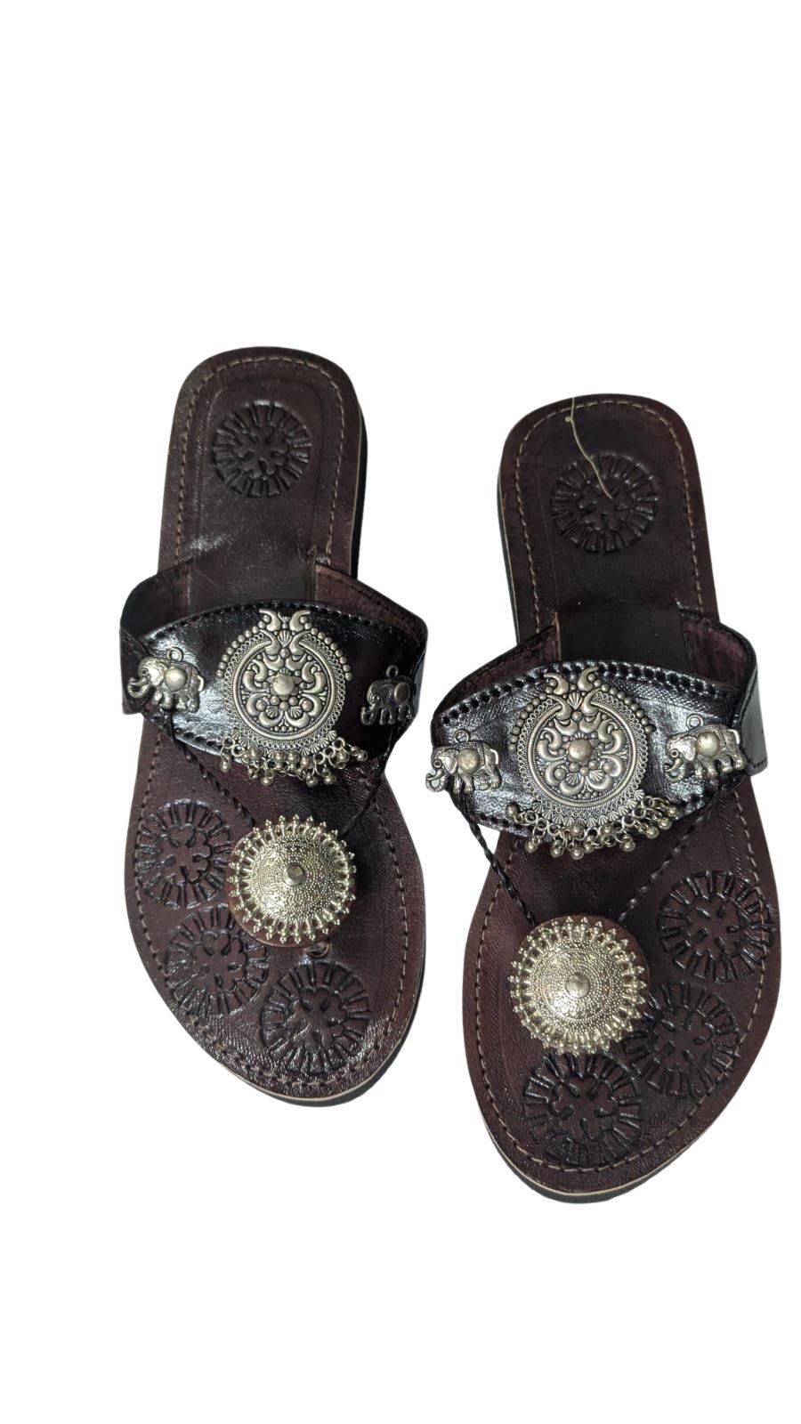 Handcrafted Brown Leather Sandals with Metallic Medallion Design – Embossed Sole Pattern, Traditional Ethnic Footwear