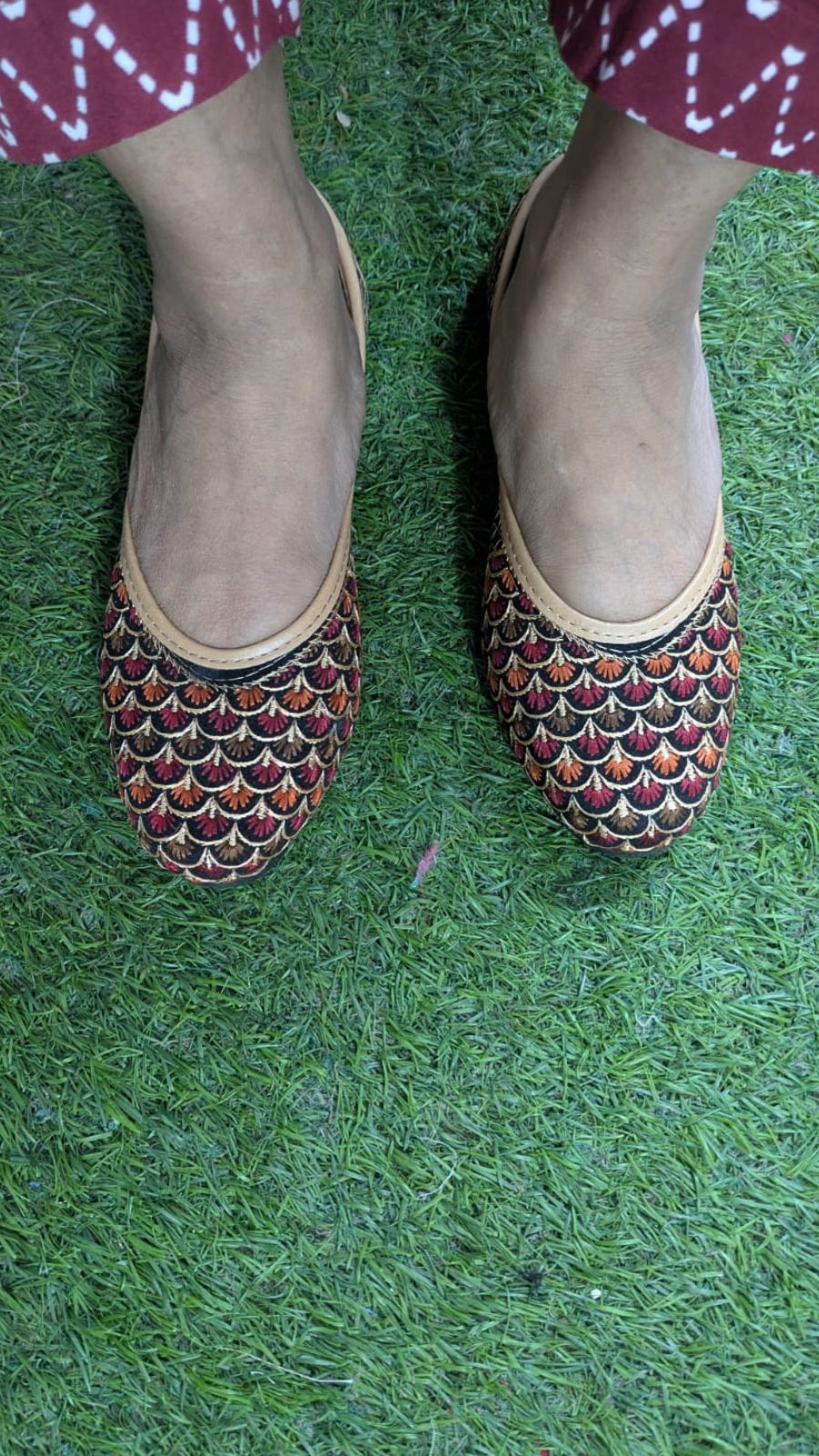 ZS Fashion Women’s Brown Ballet Flats – Scalloped Design with Multicolour Embroidery, Comfortable