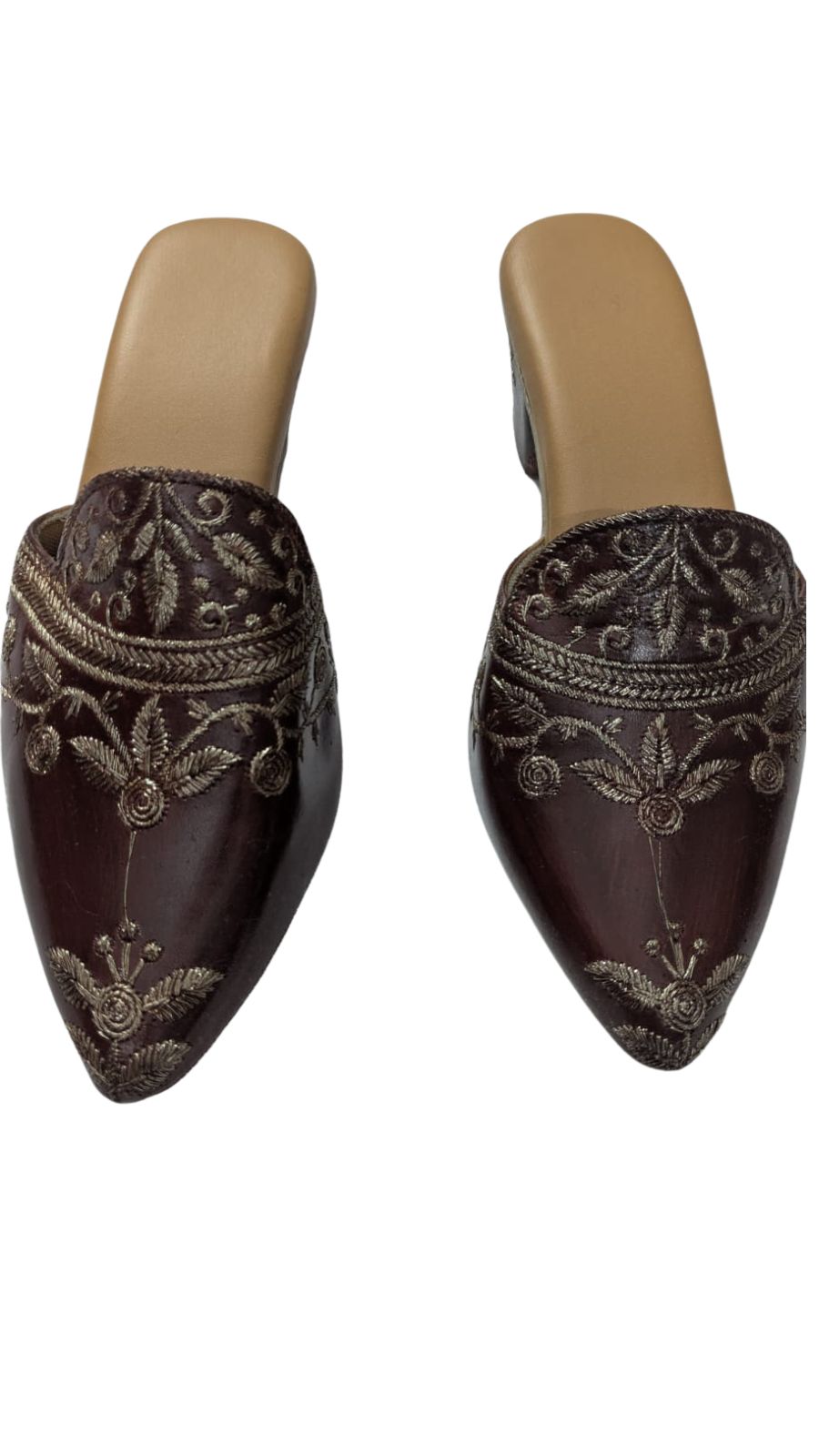 ZS Fashion Women's Handcrafted Ethnic Mules | Maroon Embroidered Slip-On Jutti with Golden Thread Work | Traditional Festive & Wedding Footwear