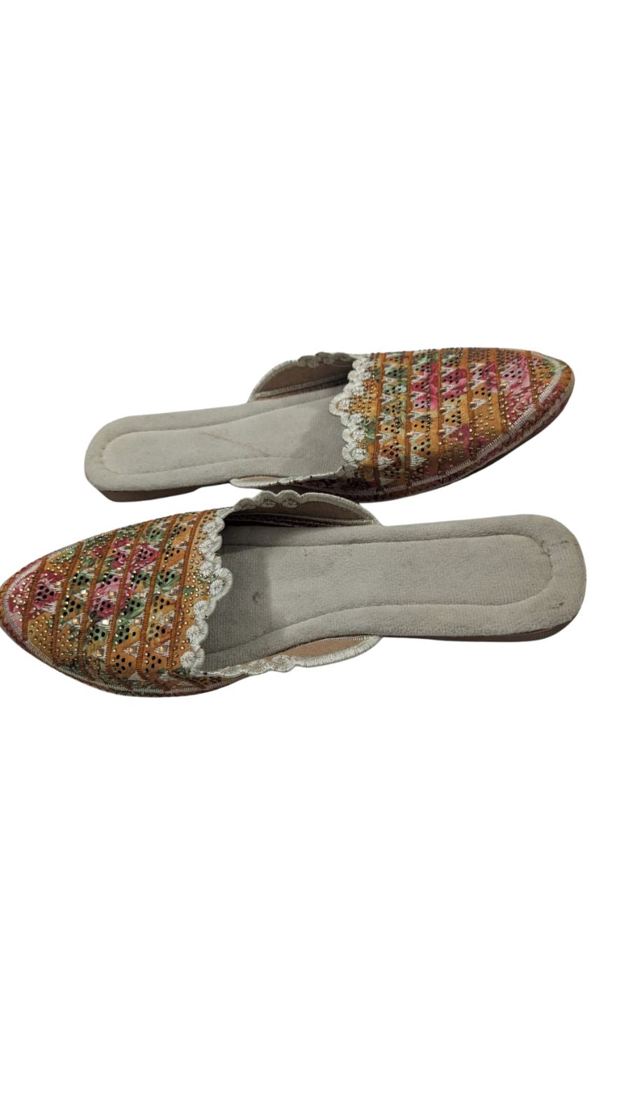 ZS Fashion Women's Floral Embroidered Mules – Pointed Toe Slip-On Flats with Lace Trim, Pink & Green Ethnic Footwear