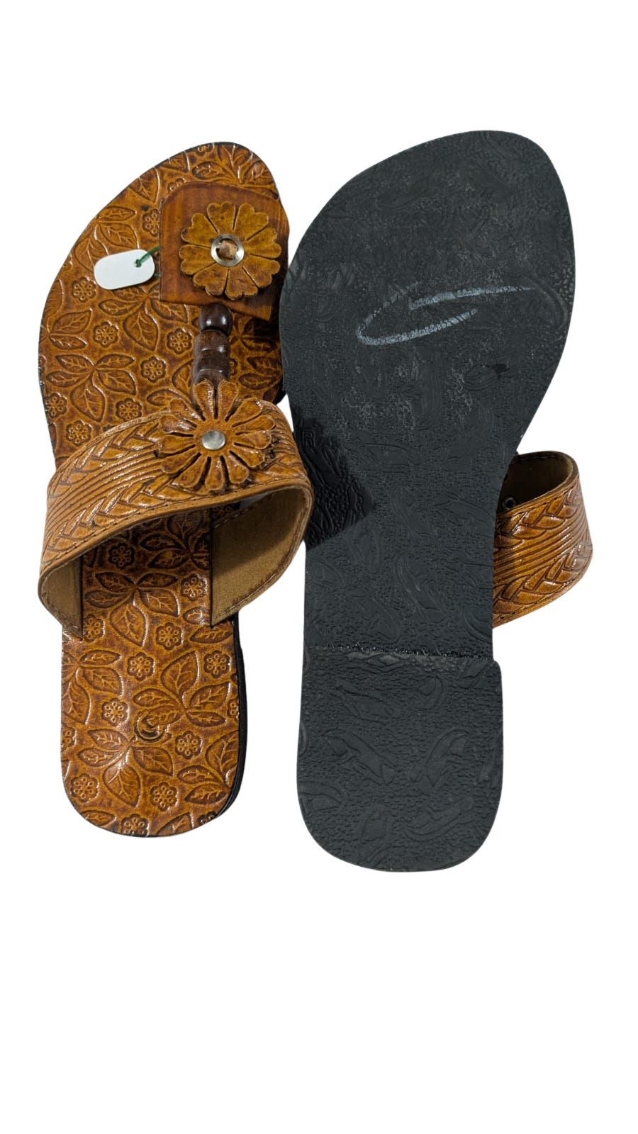 ZS Fashion Women's Handcrafted Leather Sandals – Brown with Floral Design, Beaded Strap & Embossed Footbed, Comfortable Ethnic & Casual Wear