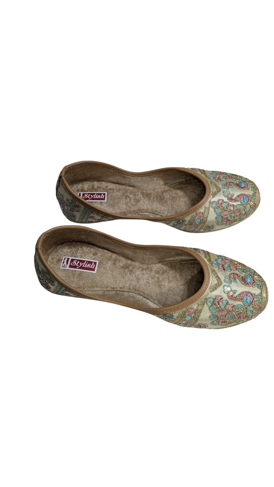 Side View of ZS Fashion Women's Cream Ballet Flats with Blue and Pink Sequin Embroidery, Ethnic Traditional Design