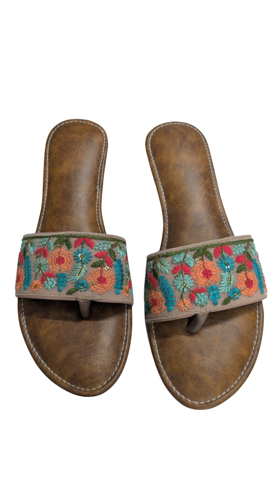 ZS Fashion Women's Floral Embroidered Slide Sandals – Brown Leather Footbed with Multicolour Floral Pattern, Comfortable Casual Flats