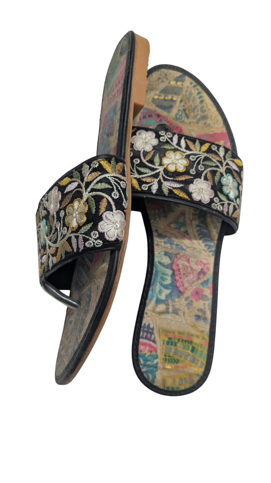 ZS Fashion Women's Floral Embroidered Slides – Black Slip-On Sandals with Vintage Print Insole & Non-Slip Sole, Comfortable Casual Flats