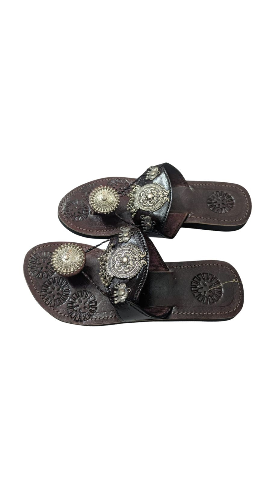 Handcrafted Brown Leather Sandals with Metallic Medallion Design – Embossed Sole Pattern, Traditional Ethnic Footwear
