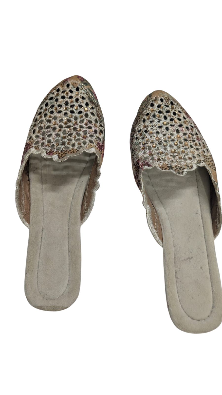 ZS Fashion Women's Embellished Floral Lace Mules – Grey Rhinestone Studded Slip-On Flat Sandals, Stylish Ethnic & Footwear