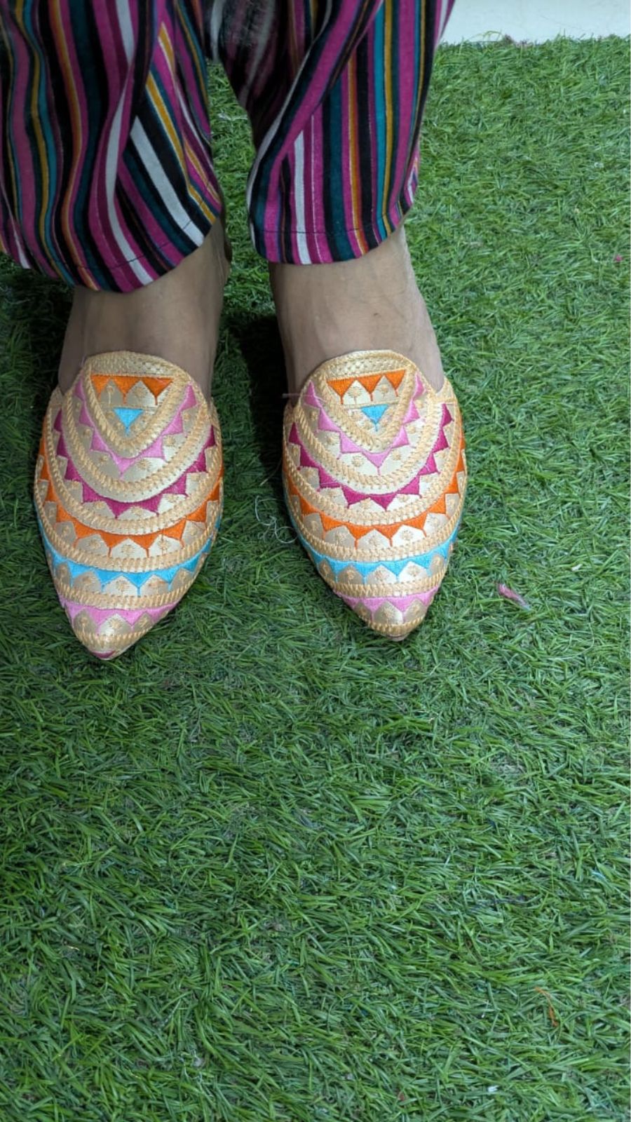 ZS Fashion Women’s Embroidered Pointed Toe Mules with Block Heel | Multicolour Geometric Pattern Slip-On Shoes, Gold Base