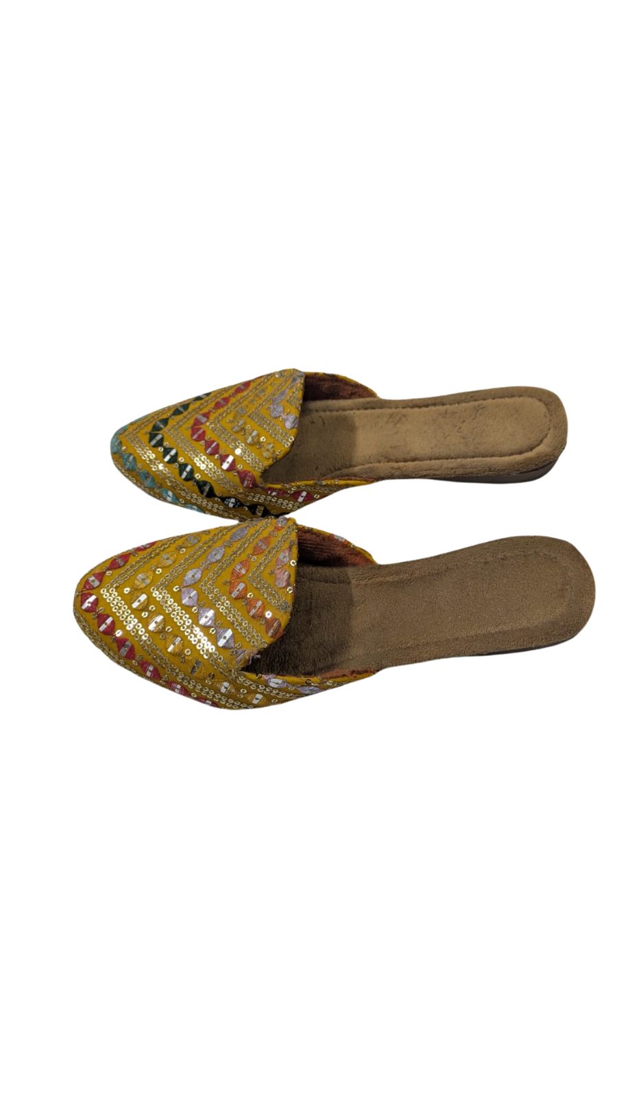 ZS Fashion Women's Traditional Embroidered Slip-On Sandals – Yellow Handcrafted Ethnic Footwear with Mirror Work & Sequin Detailing