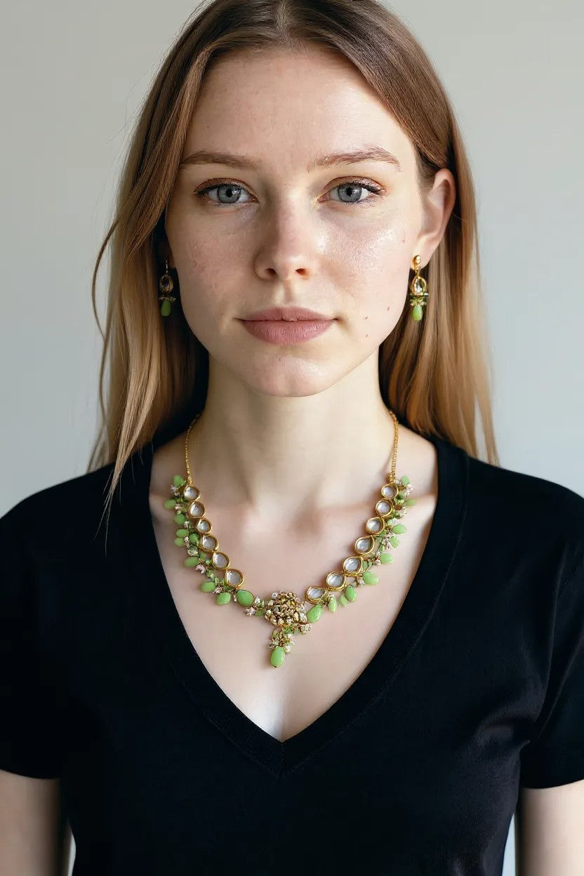 Party wear green diamond jewelry set for women