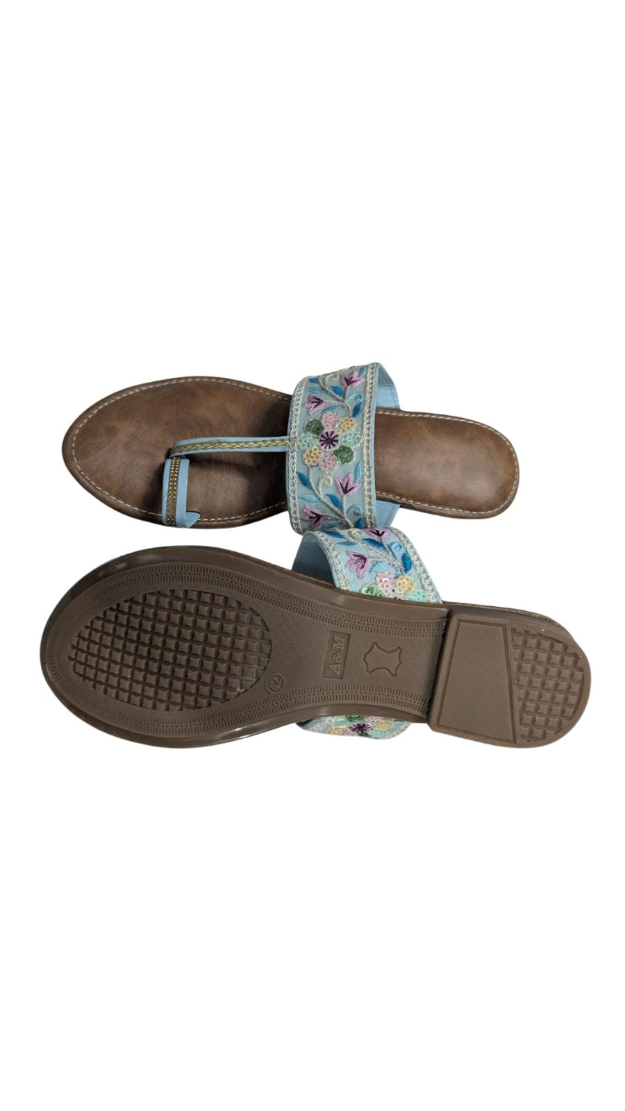 ZS Fashion Women's Floral Embroidered Toe Ring Sandals with Light Blue Strap – Multi-Colour Flower Design, Brown Footbed, Comfortable Ethnic Slip-On Flats